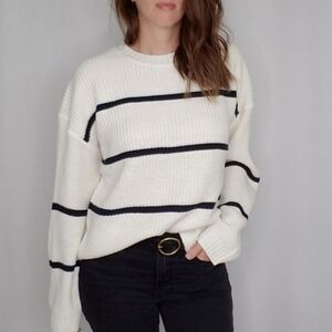 POL Ivory and Navy Blue Stripe Crewneck Long Sleeve Sweater